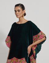 Bottle Green Velveteen Poncho Top With Peony Cross Stitch Borders Paired With Velveteen Straight Pants