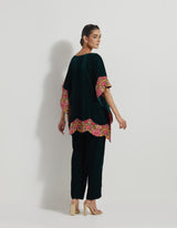 Bottle Green Velveteen Poncho Top With Peony Cross Stitch Borders Paired With Velveteen Straight Pants