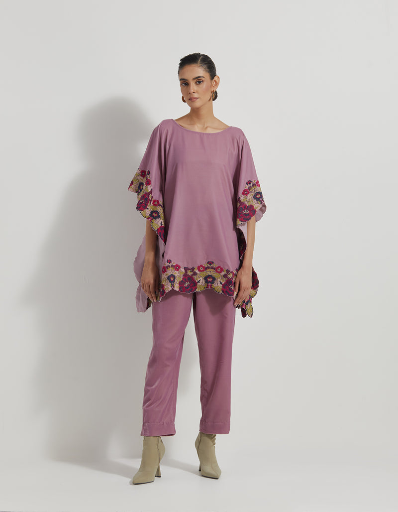 Velveteen Poncho Top With Peony Cross Stitch Borders Paired With Velveteen Straight Pants