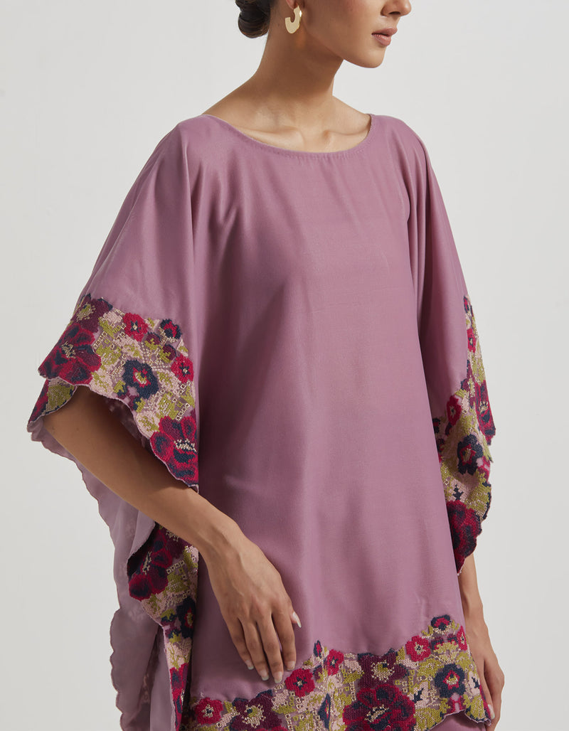 Velveteen Poncho Top With Peony Cross Stitch Borders Paired With Velveteen Straight Pants