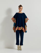 Teal Velveteen Poncho Top With Peony Cross Stitch Borders Paired With Velveteen Straight Pants