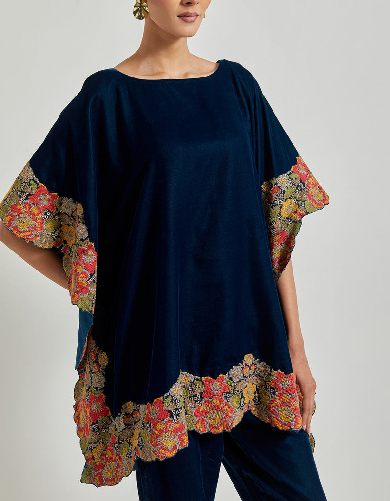 Teal Velveteen Poncho Top With Peony Cross Stitch Borders Paired With Velveteen Straight Pants