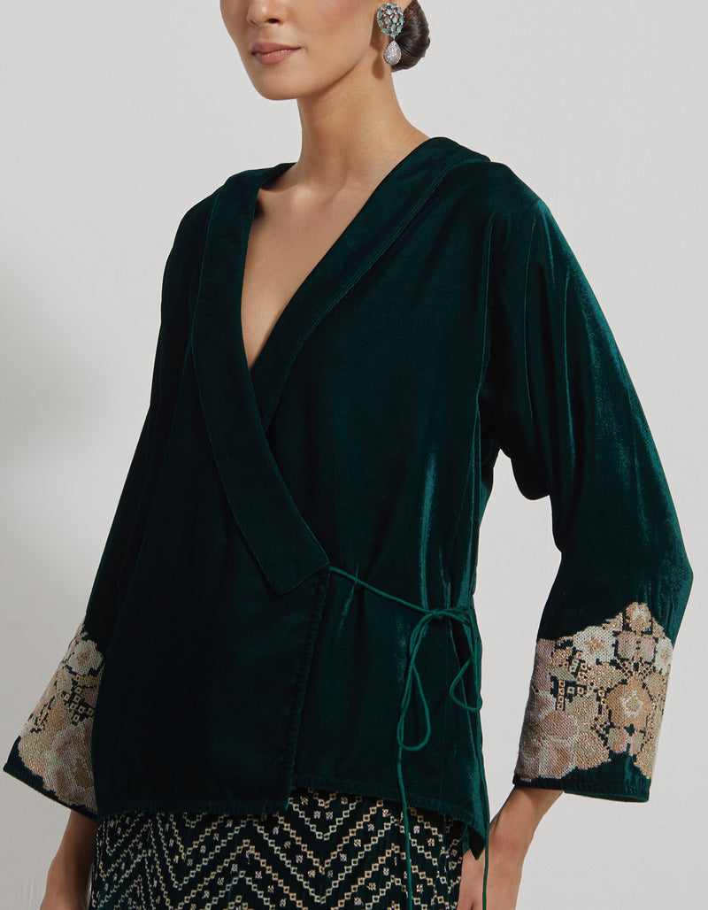 Velveteen Wrap Top Paired With Peony Cross Stitch Embroidered Velveteen Skrit