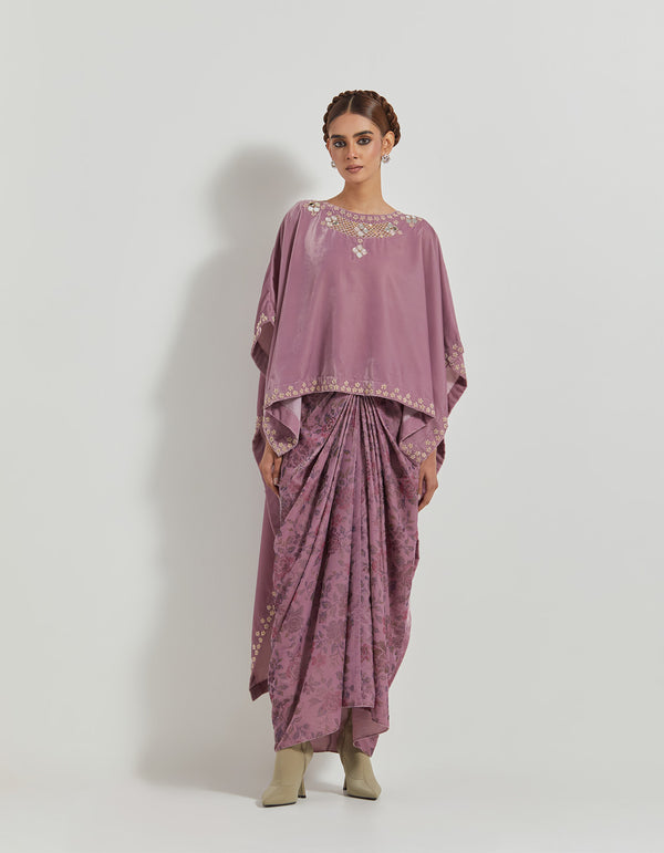 Lavender Velveteen Hand Embelllsihed High Low Cape Paired With Cowl Skirt And Hand Block Print