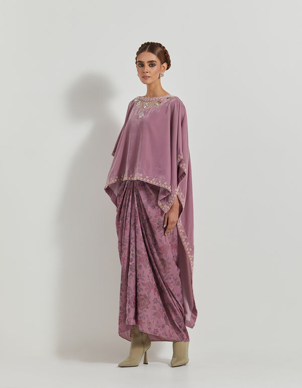 Lavender Velveteen Hand Embelllsihed High Low Cape Paired With Cowl Skirt And Hand Block Print