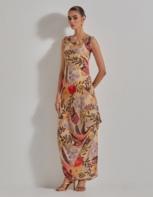 Beige Gypsy Rose Stripes Drape Dress