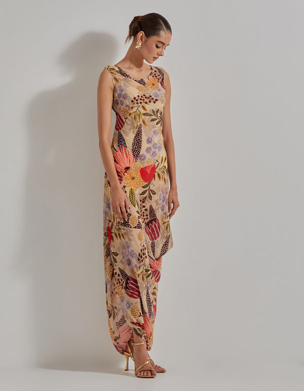 Beige Gypsy Rose Stripes Drape Dress