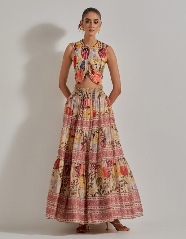 Beige Gypsy Rose Stretch Waist Coat Paired With Tiered Skirt