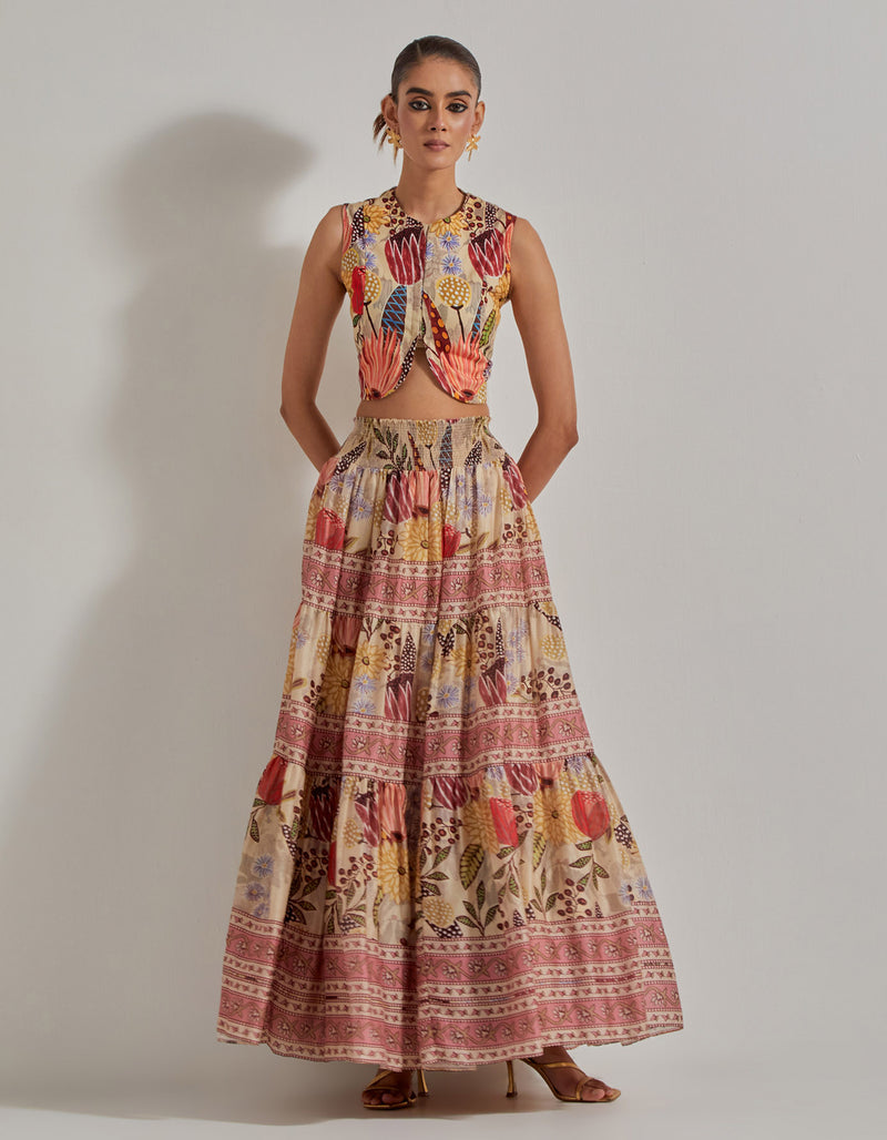 Beige Gypsy Rose Stretch Waist Coat Paired With Tiered Skirt