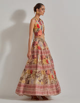 Beige Gypsy Rose Stretch Waist Coat Paired With Tiered Skirt