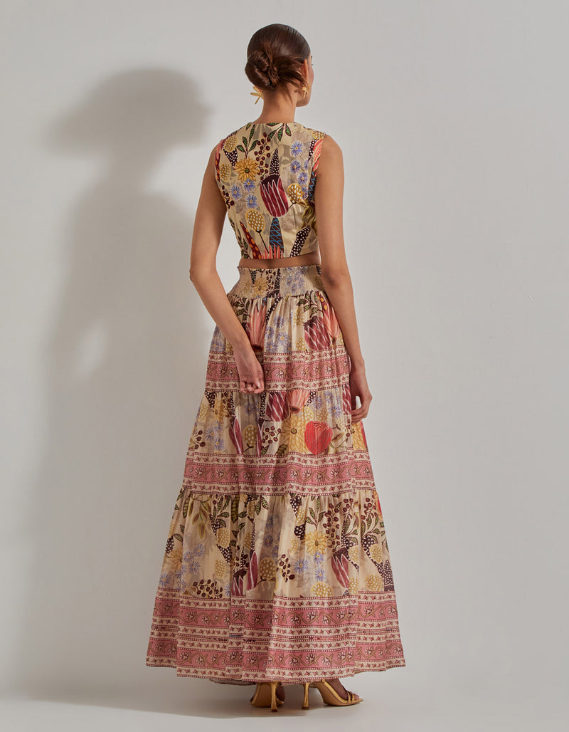 Beige Gypsy Rose Stretch Waist Coat Paired With Tiered Skirt