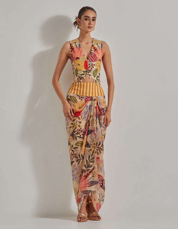 Beige Gypsy Rose Stretch Waist Coat Paired With Drape Skirt