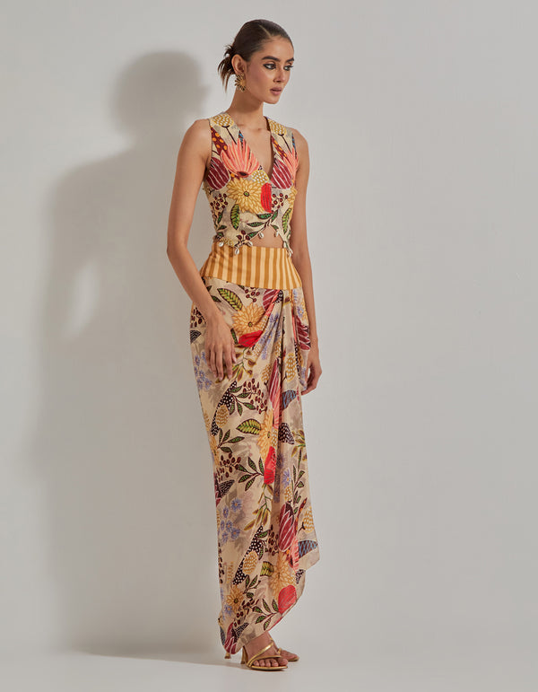 Beige Gypsy Rose Stretch Waist Coat Paired With Drape Skirt