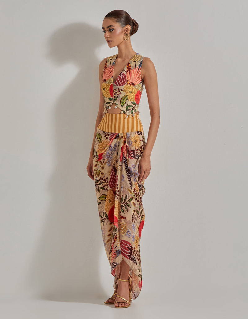 Beige Gypsy Rose Stretch Waist Coat Paired With Drape Skirt
