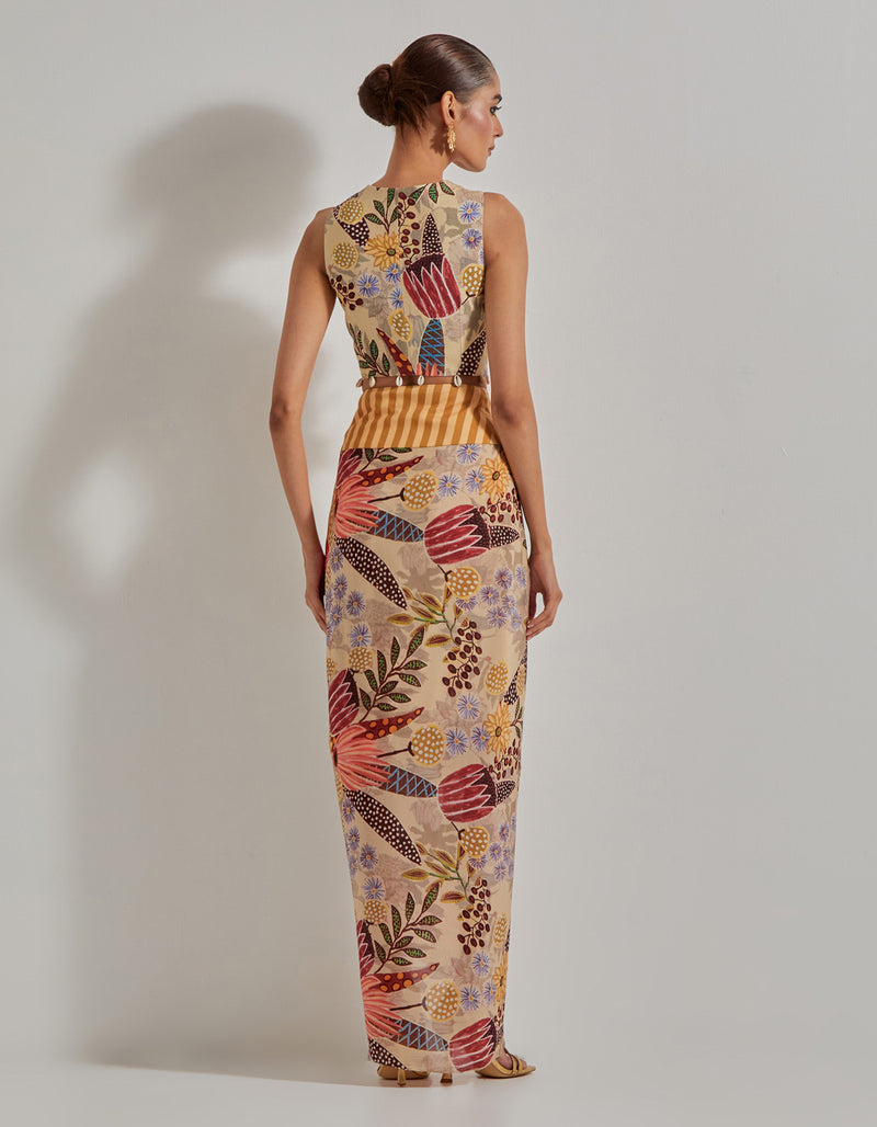 Beige Gypsy Rose Stretch Waist Coat Paired With Drape Skirt