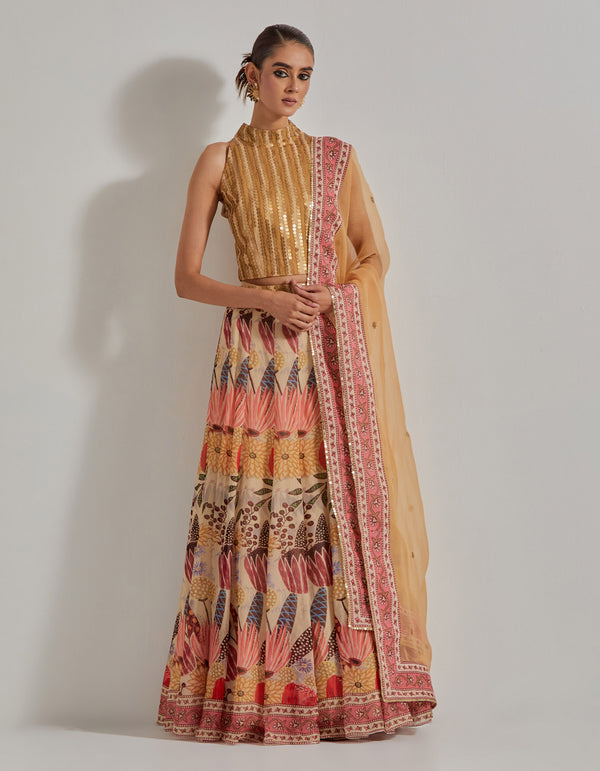 Beige Gypsy Rose Skirt And Dupatta Paired With Halter Sequence Work Blouse