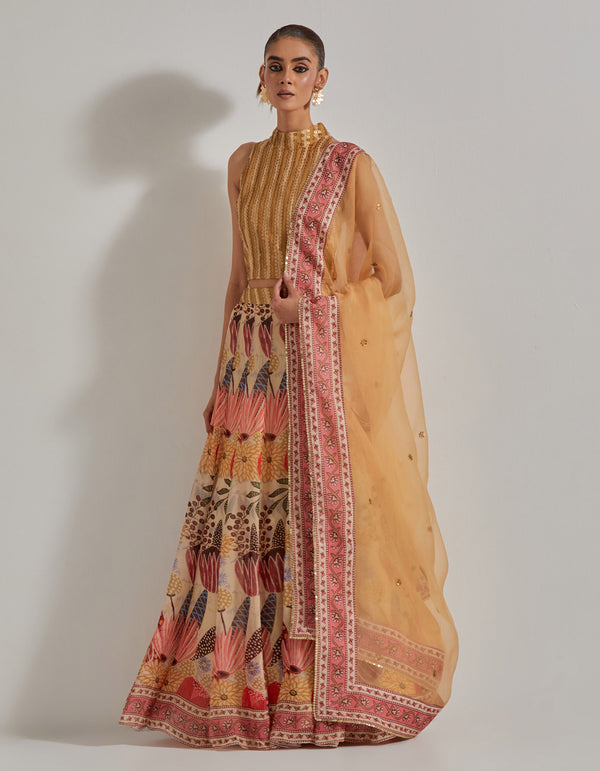 Beige Gypsy Rose Skirt And Dupatta Paired With Halter Sequence Work Blouse
