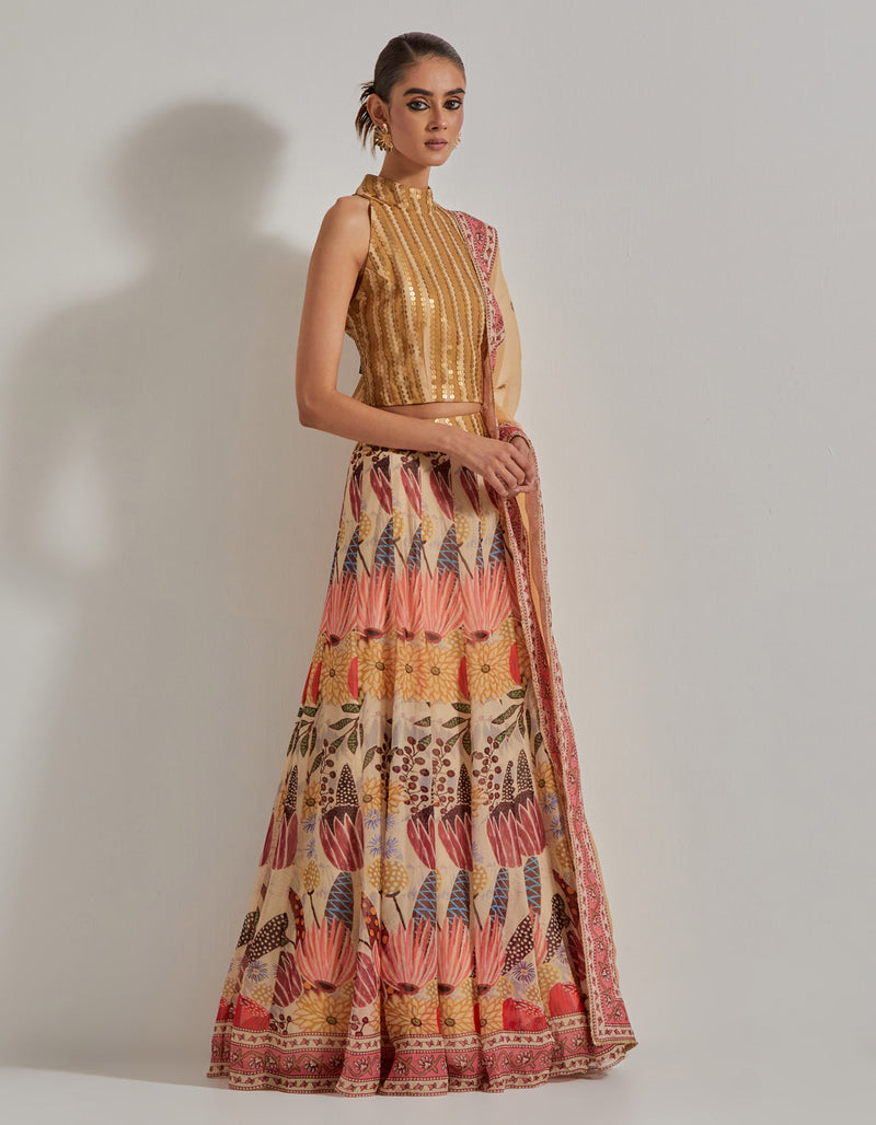 Beige Gypsy Rose Skirt And Dupatta Paired With Halter Sequence Work Blouse