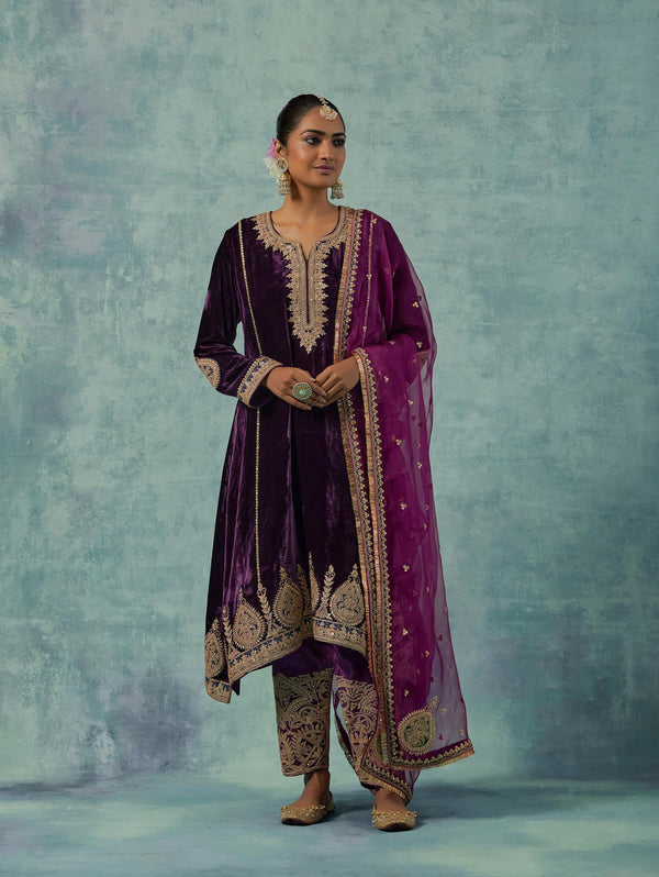 Purple Silk Velvet Kurta with Salwar Set