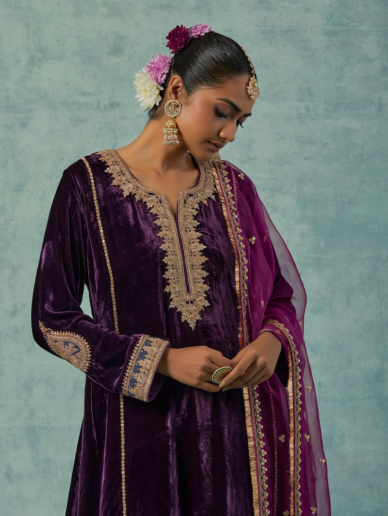 Purple Silk Velvet Kurta with Salwar Set