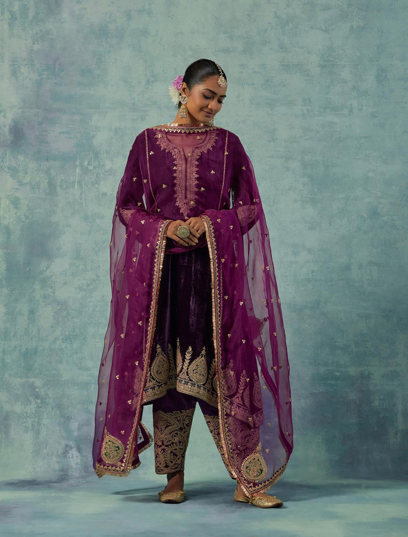 Purple Silk Velvet Kurta with Salwar Set