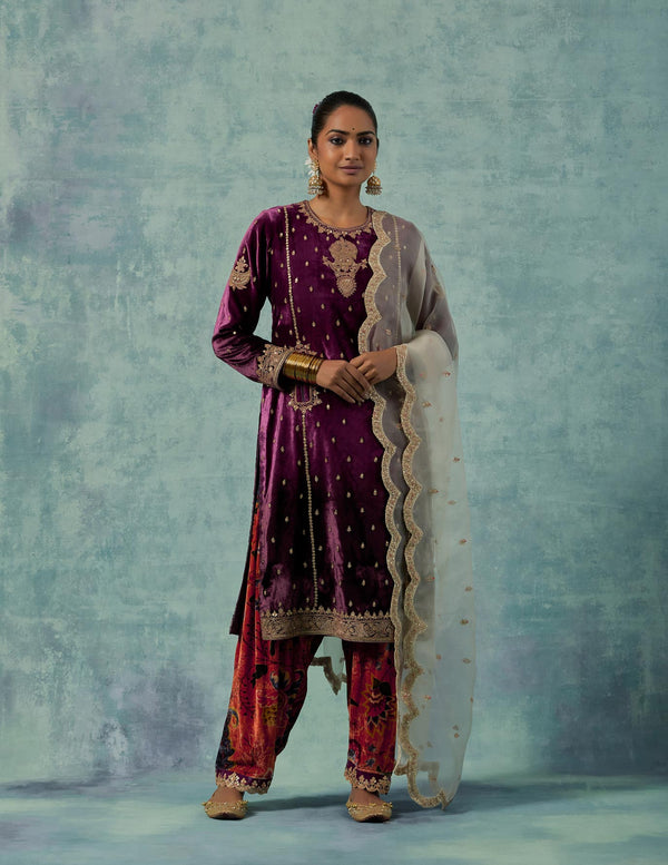 Purple Short Kurta with Pockets and with a Printed Salwar Set in Silk Velvet