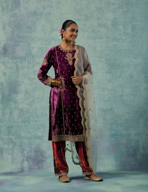 Purple Short Kurta with Pockets and with a Printed Salwar Set in Silk Velvet