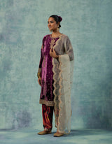 Purple Short Kurta with Pockets and with a Printed Salwar Set in Silk Velvet