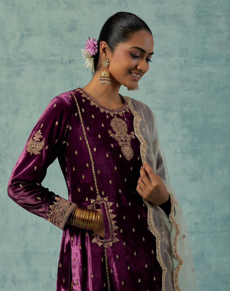 Purple Short Kurta with Pockets and with a Printed Salwar Set in Silk Velvet