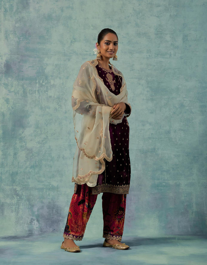 Purple Short Kurta with Pockets and with a Printed Salwar Set in Silk Velvet