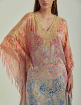 Hand Block Printed Multi Colour Kaftan Dress Embellished With Gota Patti Cross Stitch Around The Neck Line
