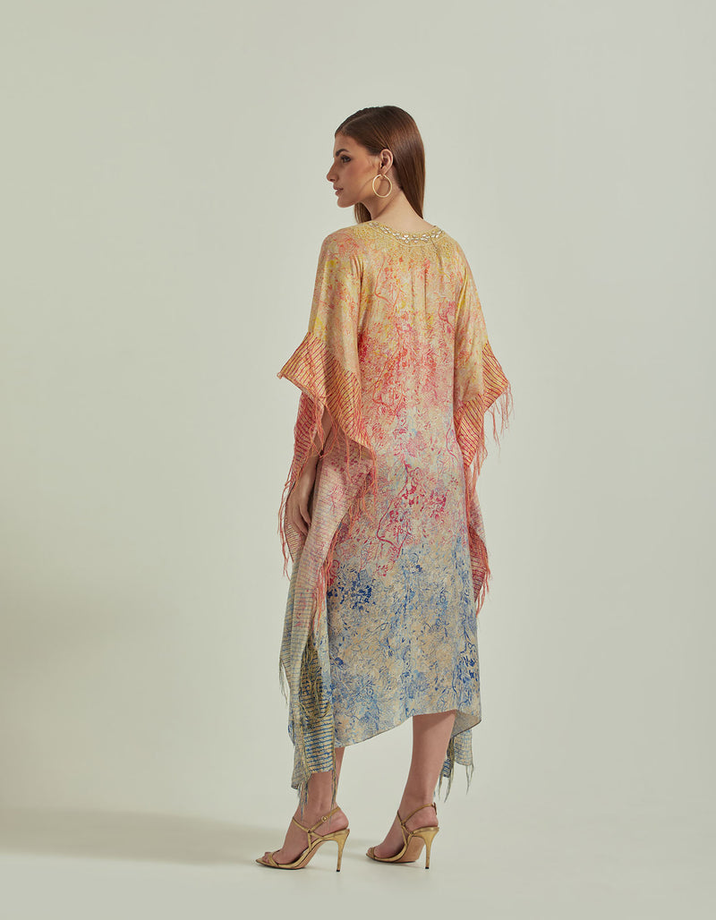 Hand Block Printed Multi Colour Kaftan Dress Embellished With Gota Patti Cross Stitch Around The Neck Line