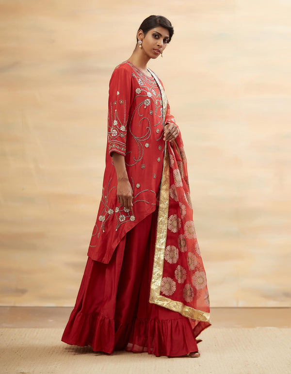 Red Hand Embroidered Asymmetrical Kurta Set