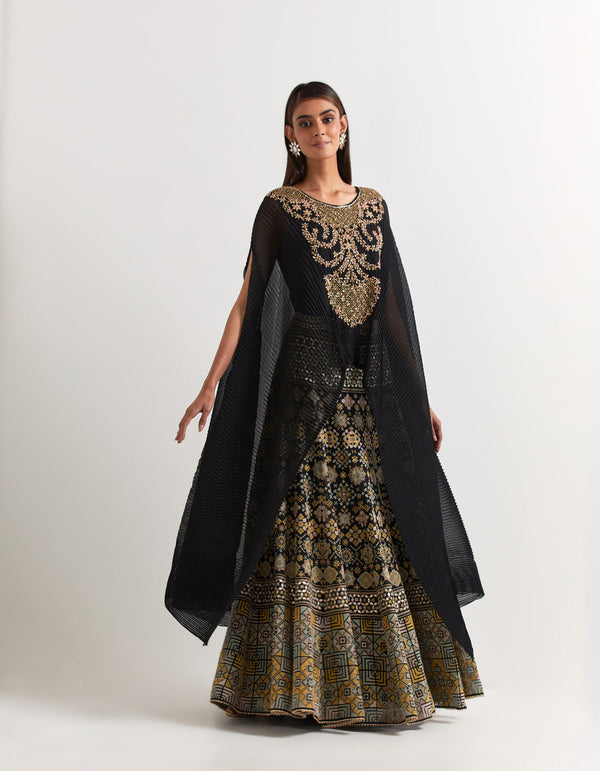 Black and Beige Cape With Skirt In Crinkle Georgette and Organza