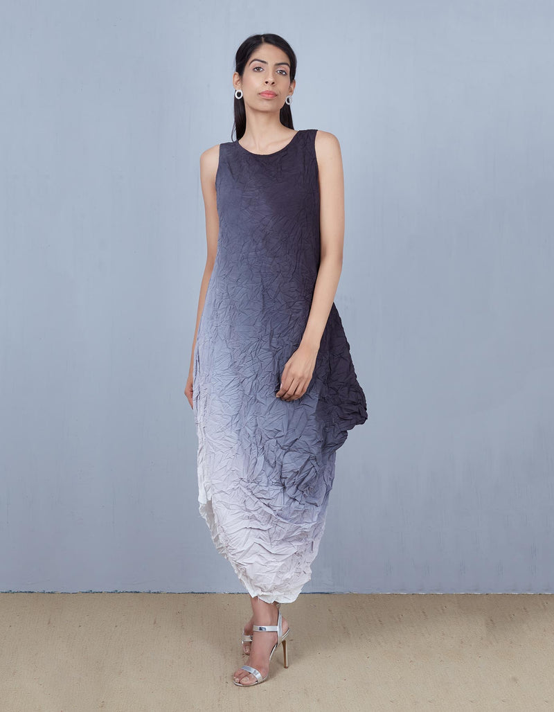 Black and Ivory Crinkle Cowl Dress