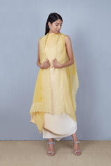 Yellow Crinkle Knot Dress with Organza Cape