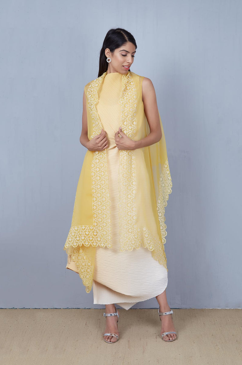 Yellow Crinkle Knot Dress with Organza Cape