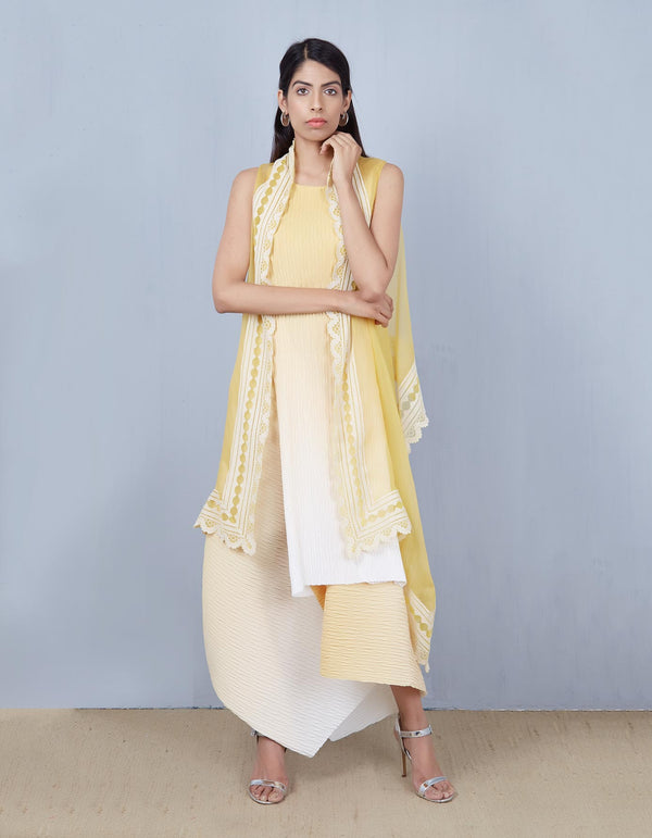 Yellow and Ivory Crinkle Drape Dress with Organza Cape