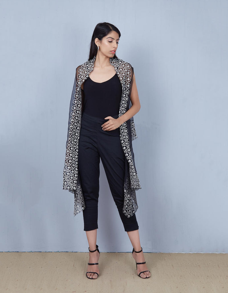 Black Organza Cape with Resham Embroidery