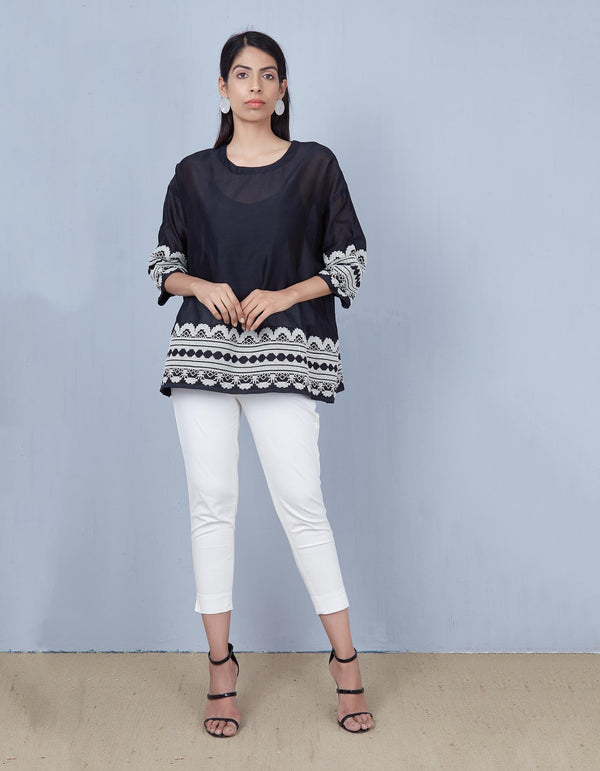 Black and White Embroidered Boxy Top