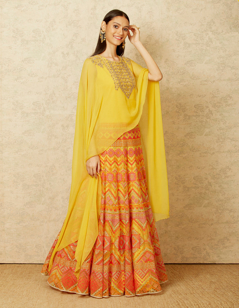 Mustard Yellow Floor Length Dress with a Cape