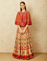Beige and Maroon Chintz Printed Lehenga with Cape Set