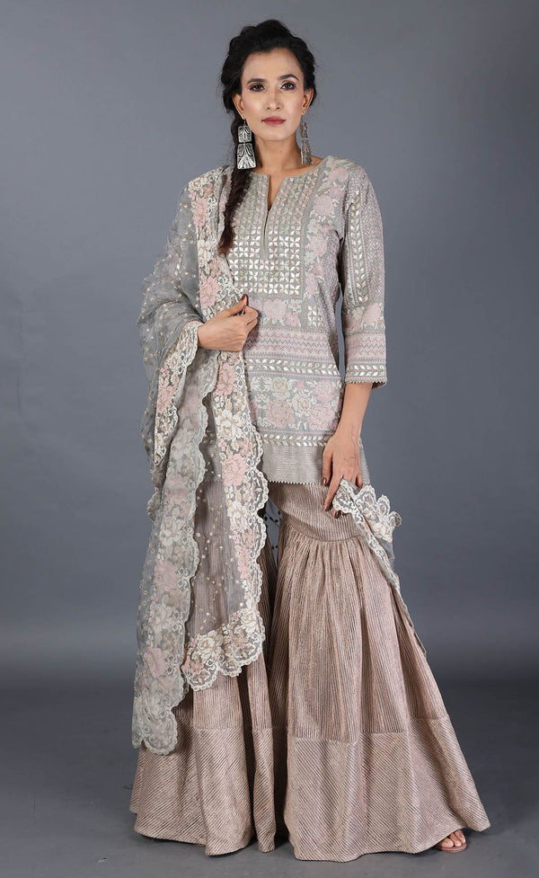 Grey Kurti Top With Embroidered Sharara Set