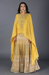 Yellow Hand Embroidered Dupatta Cape With Lehenga Skirt