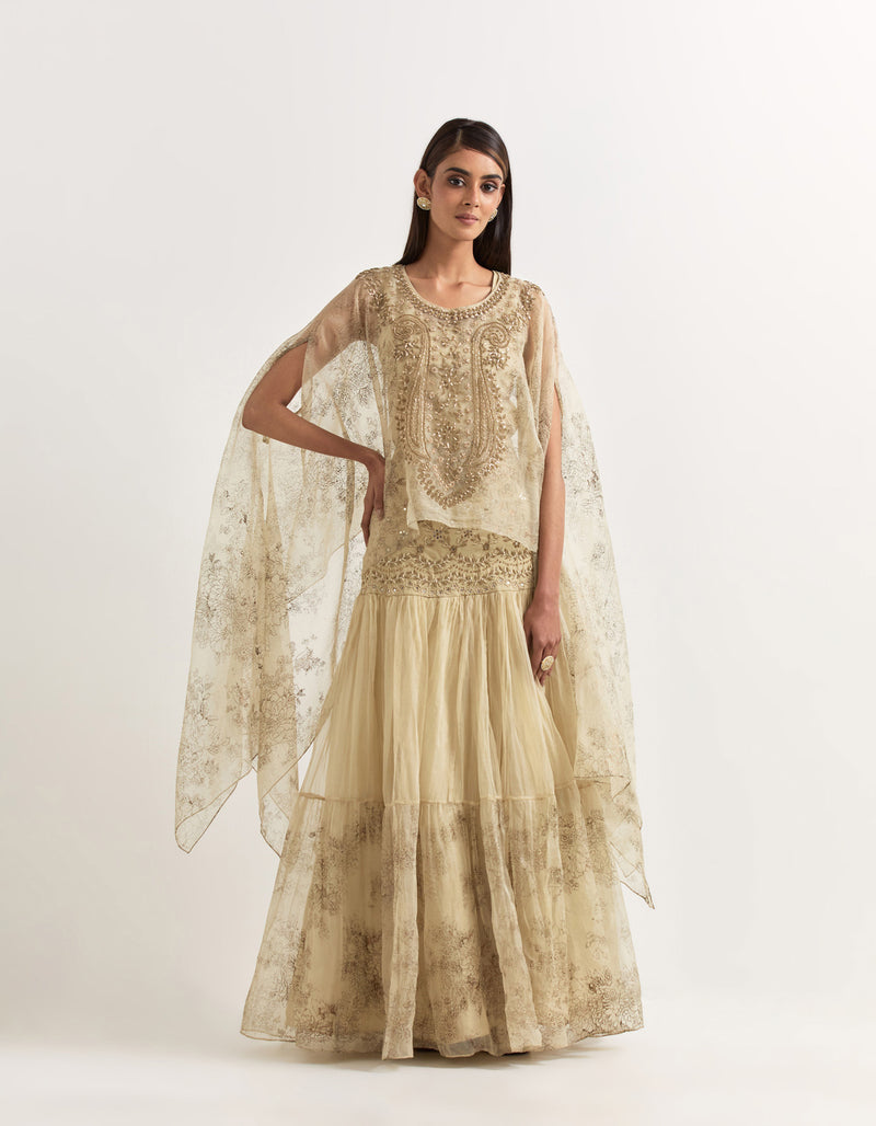 Beige Cape With Tiered Skirt In Organza