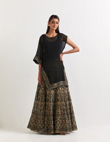 Black and Beige Cape With Skirt In Crinkle Georgette And Tissue Chanderi