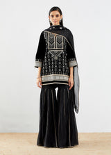 Black Panelled Sharara Set with Embroidery
