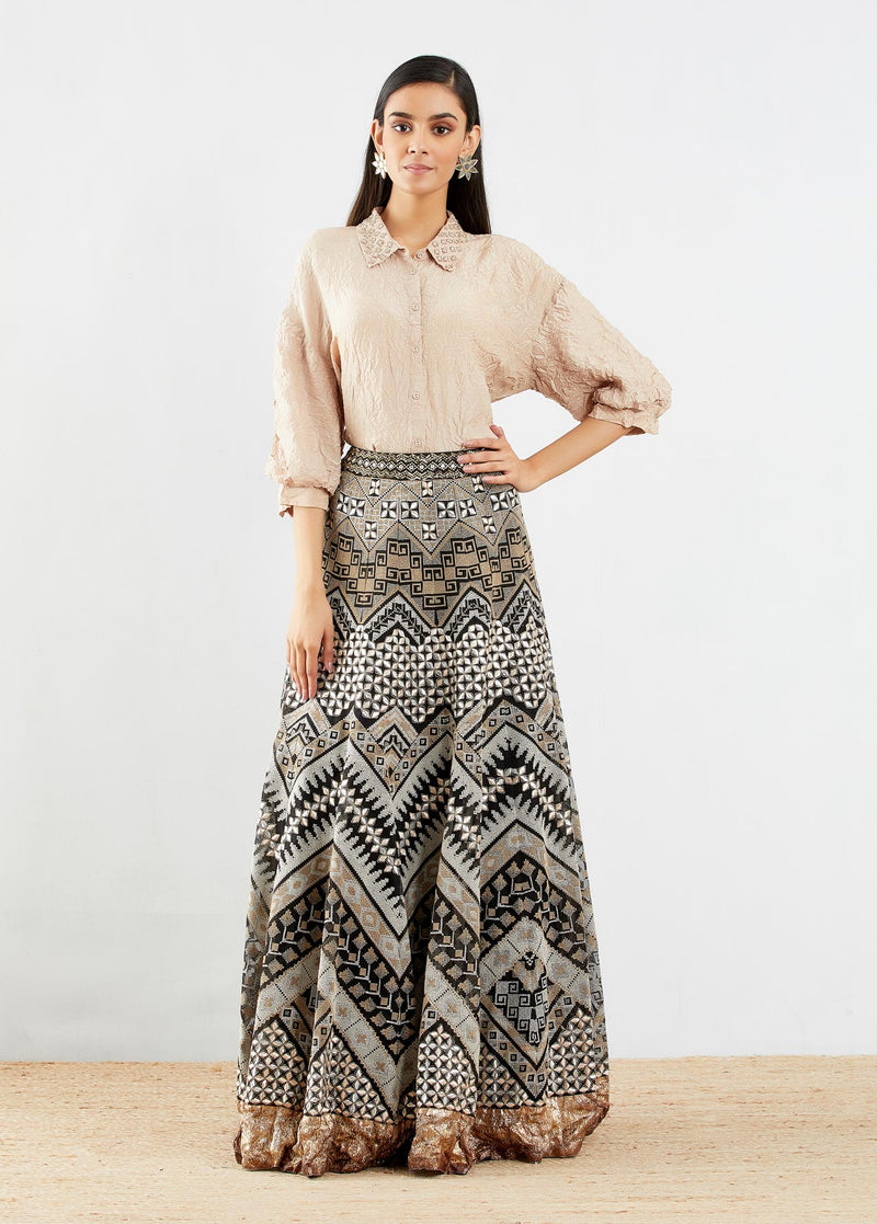Black and Beige Embroidered Skirt Set