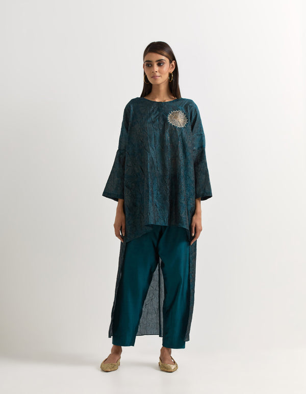 Teal Blue High Low Tunic With  Pants In Crush Silk  and Chanderi