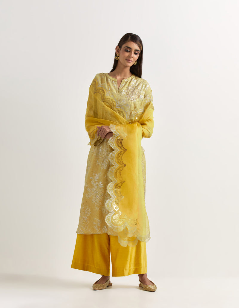 Yellow Kurta Set In Crush Silk and Chanderi